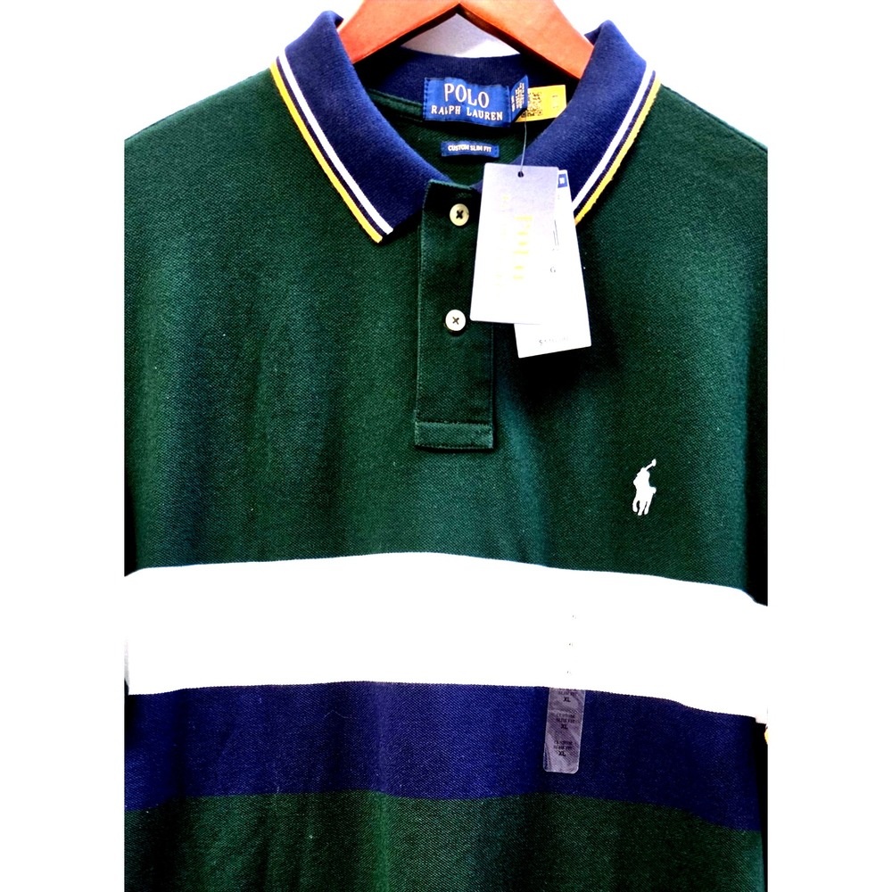 POLO Ralph Lauren Golf XL Polo Rugby NWT Stripe Slim Fit S/S Shirt Grn/Blu/Yel